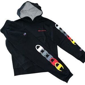 Champion Hoodie Joggers Set Black Multicolor Graphic C Logo NWOT Like New Size M